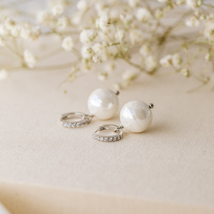 Pearl Earrings, Diamond Pearl Hoop Earrings, Pearl Dangle Earrings, Gold Huggie Earrings, Wedding Earrings, Bridal Earrings