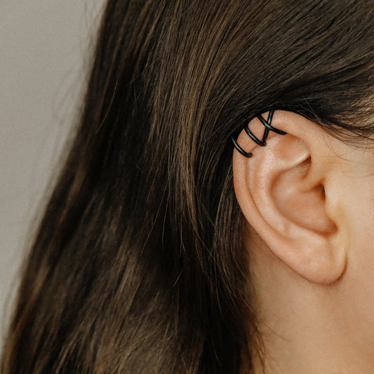 Set of 2 Black Ear Cuff or Single Ear Cuff Black Ear Cuffs Double Line Ear Cuff Earring Ear Cuff Criss Cross Ear Cuff Fake Cartilage Hoop