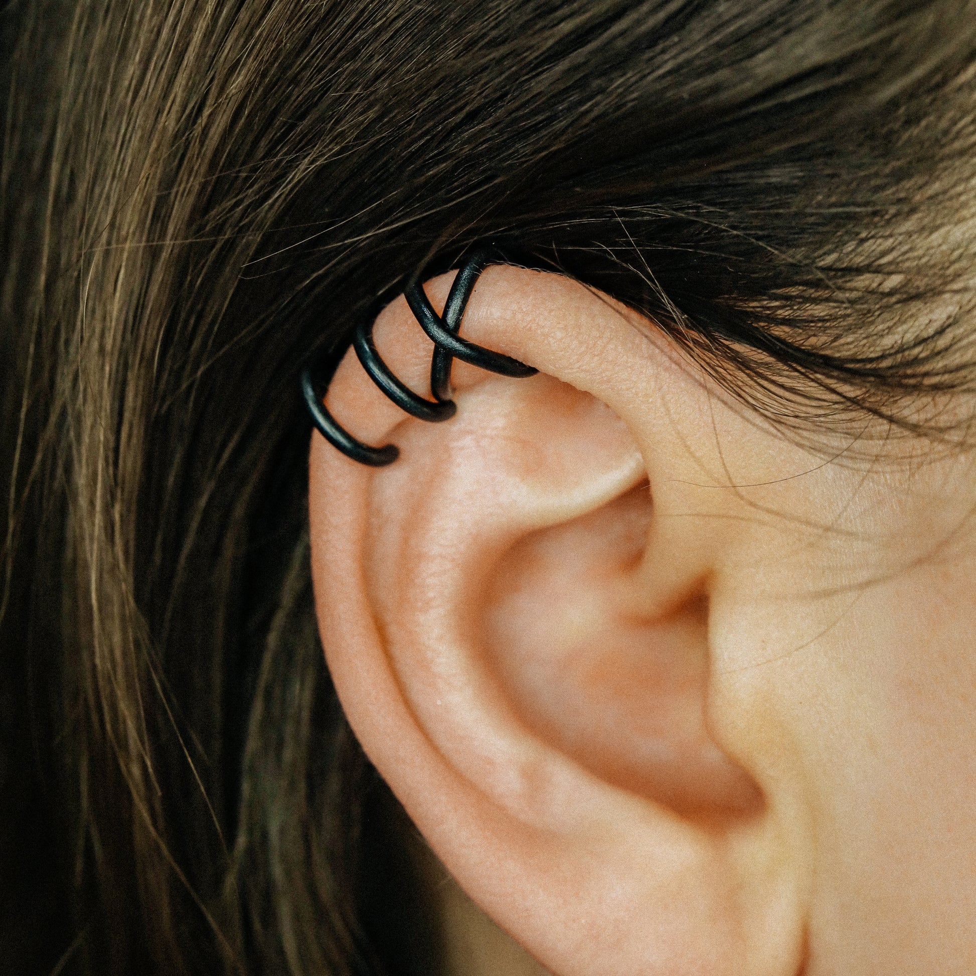 Set of 2 Black Ear Cuff or Single Ear Cuff Black Ear Cuffs Double Line Ear Cuff Earring Ear Cuff Criss Cross Ear Cuff Fake Cartilage Hoop