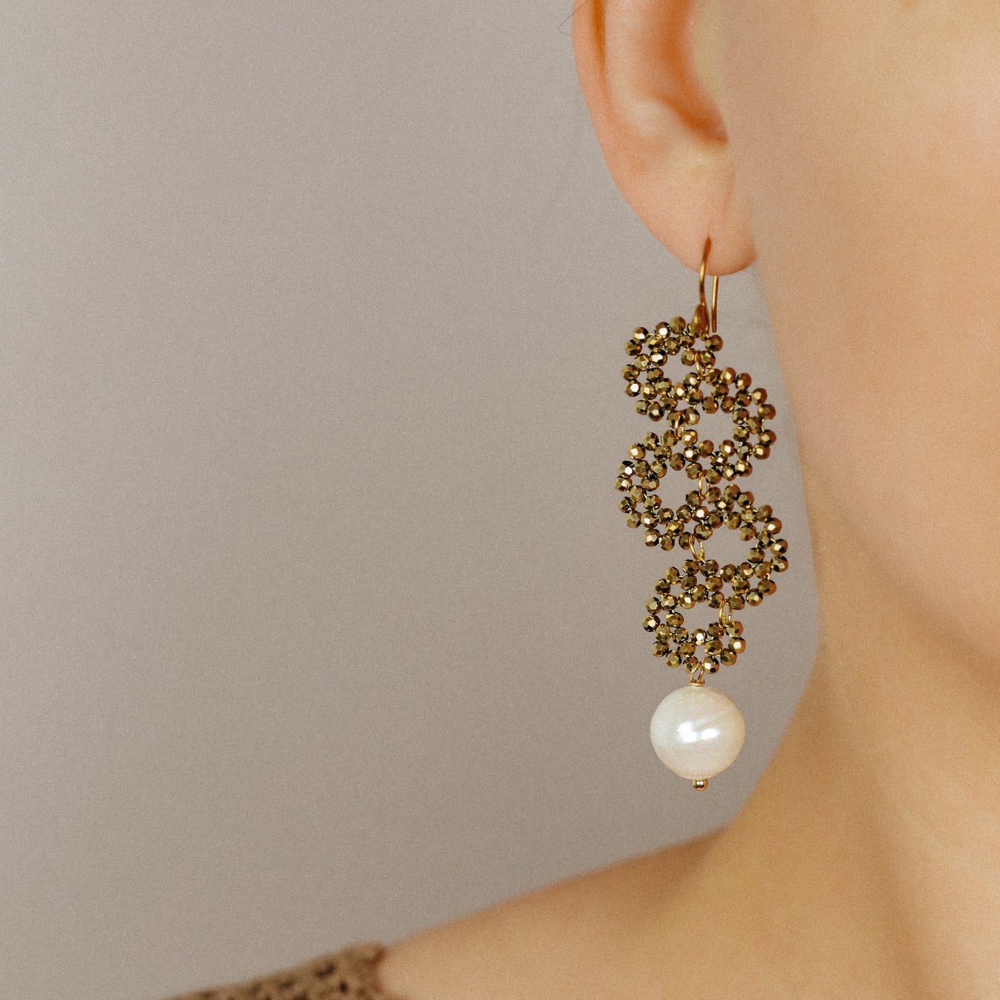 Long Dangle Sparkly Beaded Earrings with Pearl - Gold/Silver/Dove Gray