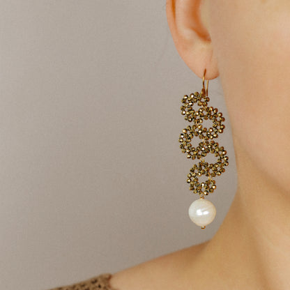 Long Dangle Sparkly Beaded Earrings with Pearl - Gold/Silver/Dove Gray