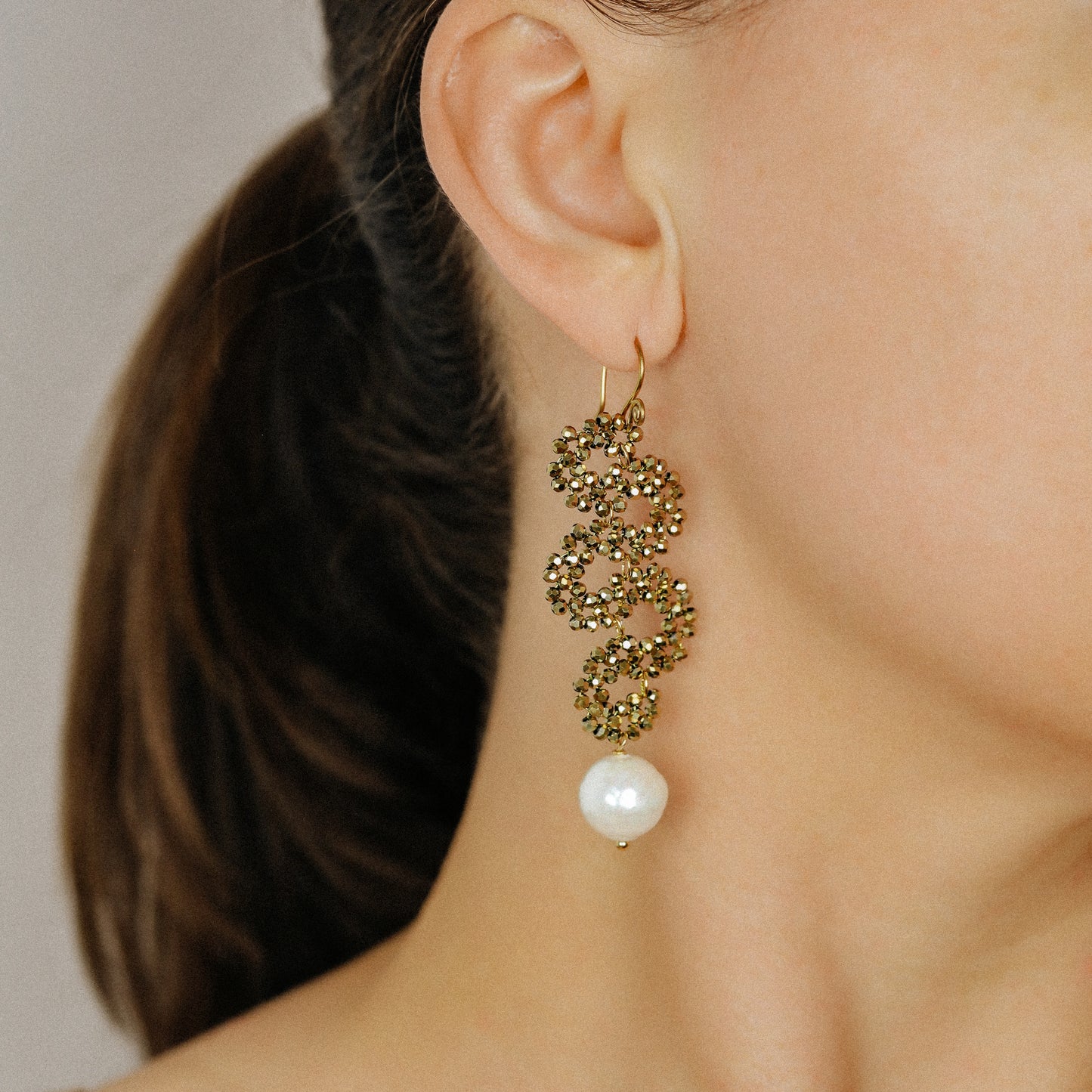 Long Dangle Sparkly Beaded Earrings with Pearl - Gold/Silver/Dove Gray