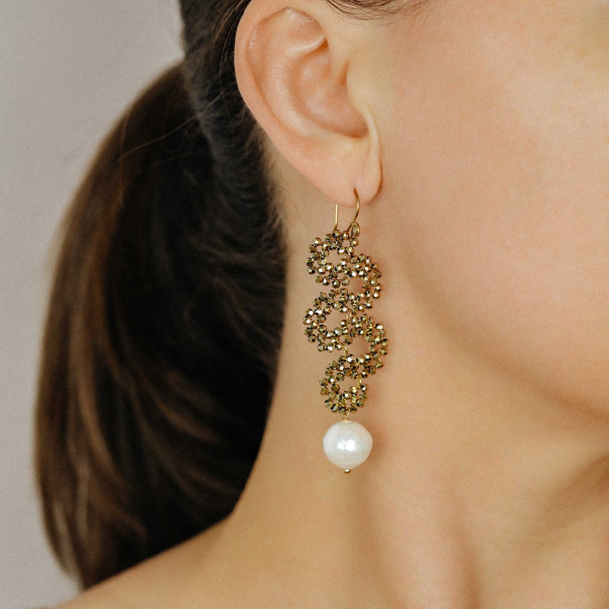 Long Dangle Sparkly Beaded Earrings with Pearl - Gold/Silver/Dove Gray