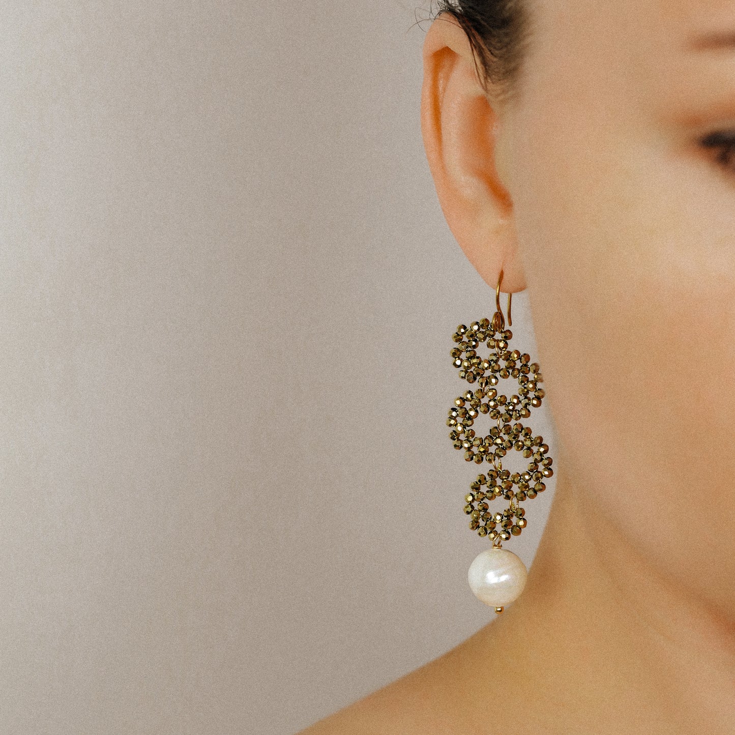Long Dangle Sparkly Beaded Earrings with Pearl - Gold/Silver/Dove Gray