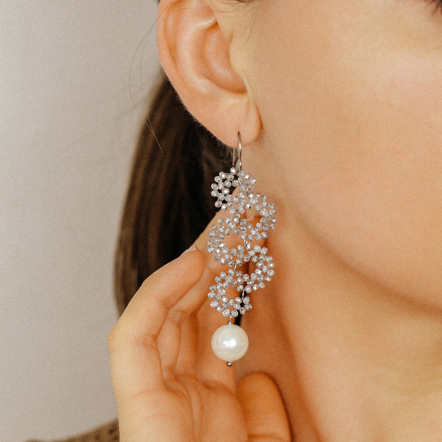 Long Dangle Sparkly Beaded Earrings with Pearl - Gold/Silver/Dove Gray