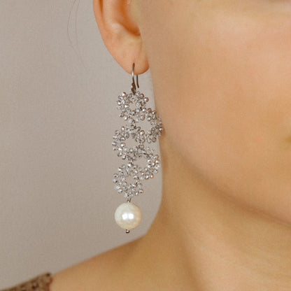 Long Dangle Sparkly Beaded Earrings with Pearl - Gold/Silver/Dove Gray