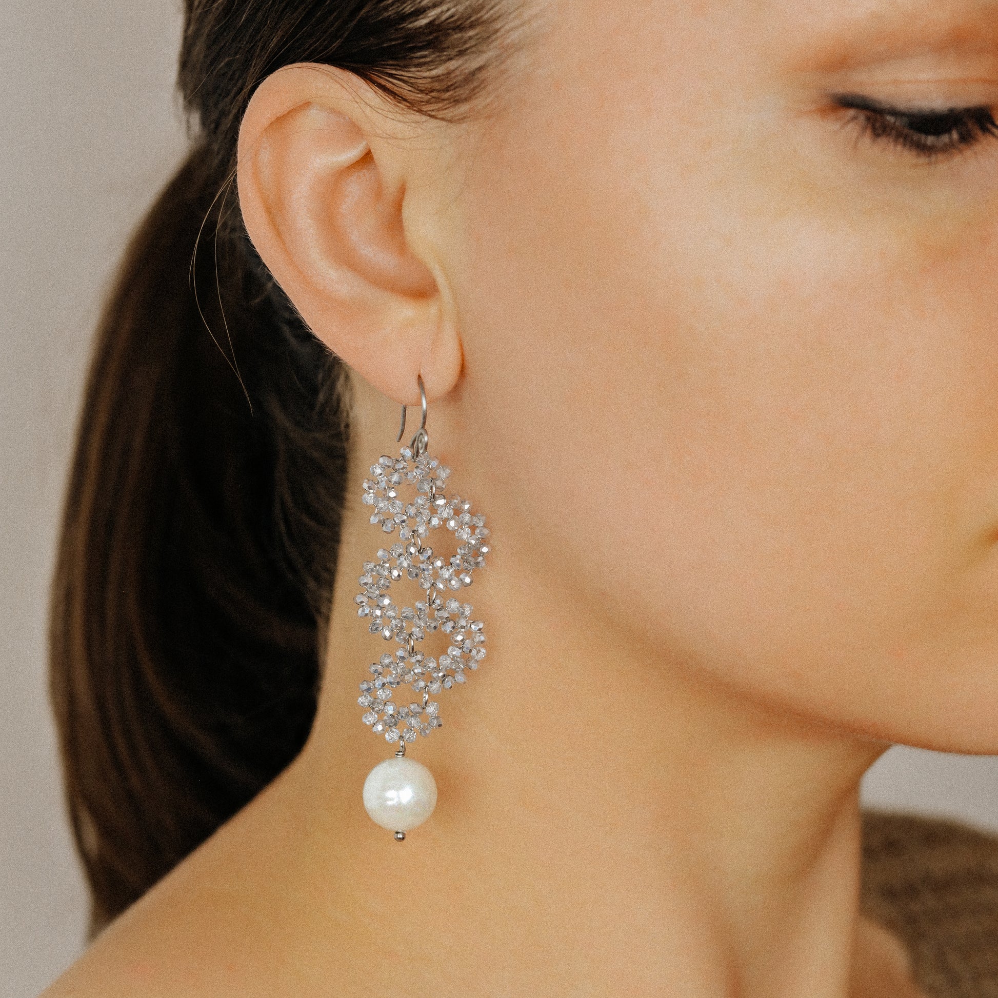 Long Dangle Sparkly Beaded Earrings with Pearl - Gold/Silver/Dove Gray