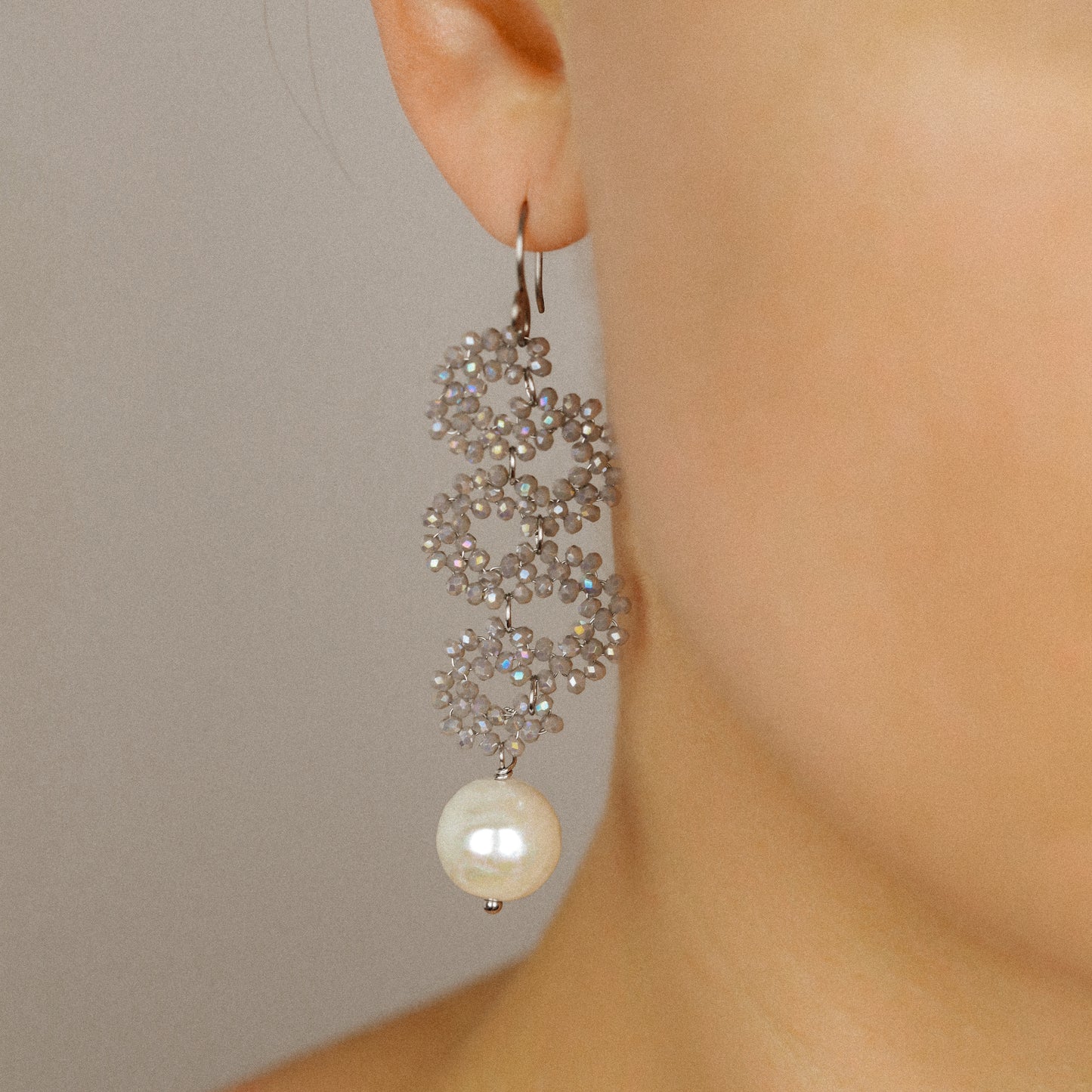Long Dangle Sparkly Beaded Earrings with Pearl - Gold/Silver/Dove Gray
