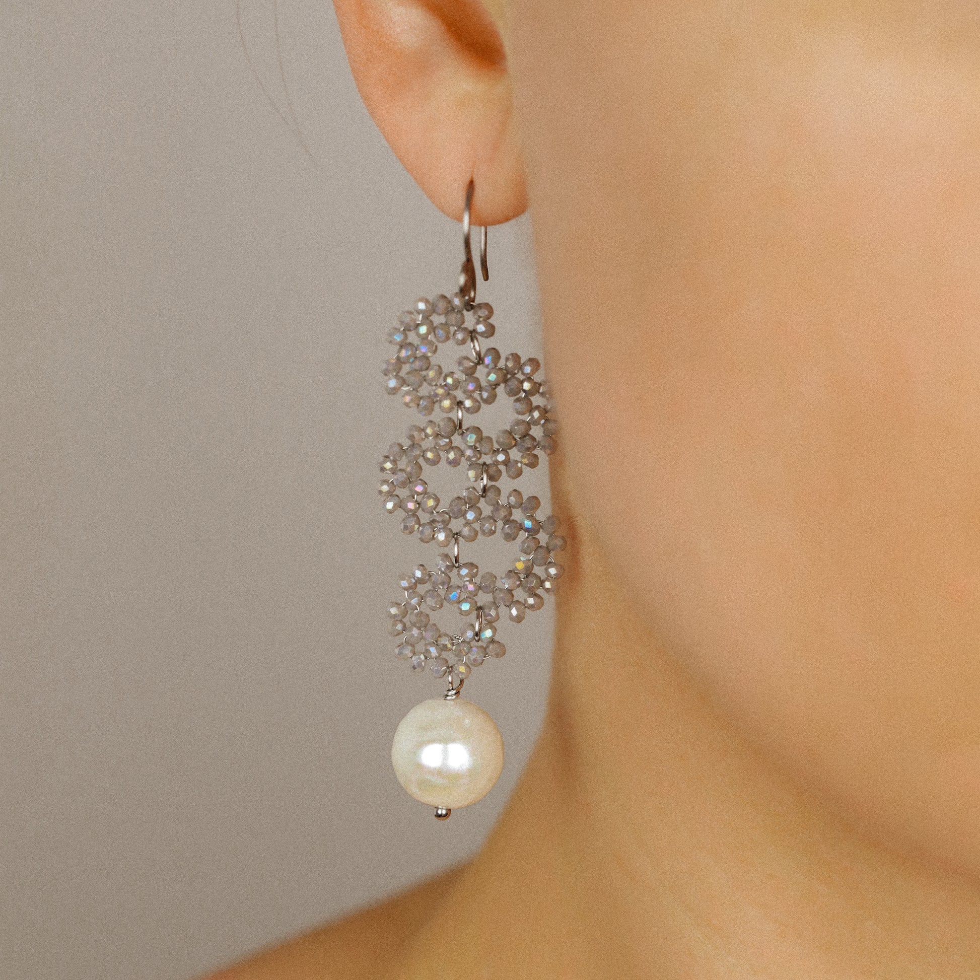 Long Dangle Sparkly Beaded Earrings with Pearl - Gold/Silver/Dove Gray
