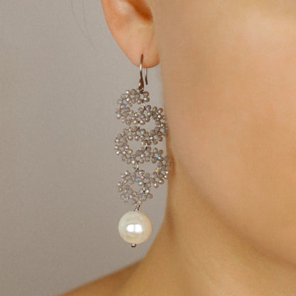 Long Dangle Sparkly Beaded Earrings with Pearl - Gold/Silver/Dove Gray
