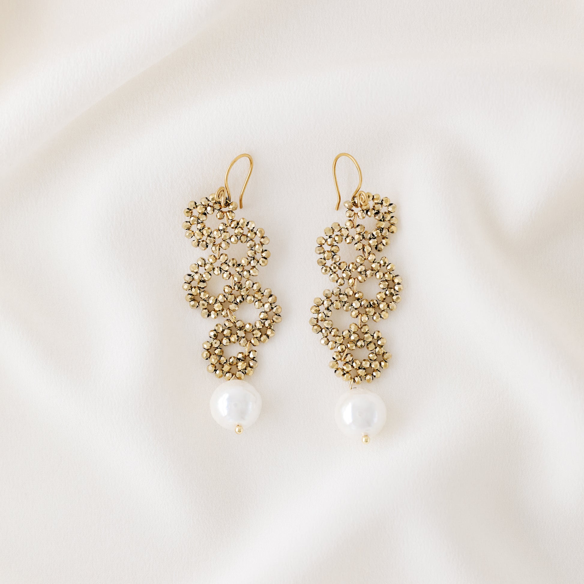 Long Dangle Sparkly Beaded Earrings with Pearl - Gold/Silver/Dove Gray