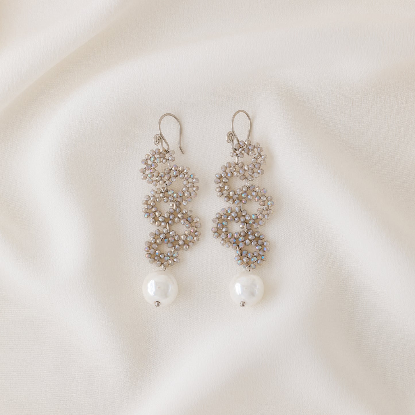 Long Dangle Sparkly Beaded Earrings with Pearl - Gold/Silver/Dove Gray
