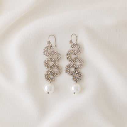 Long Dangle Sparkly Beaded Earrings with Pearl - Gold/Silver/Dove Gray
