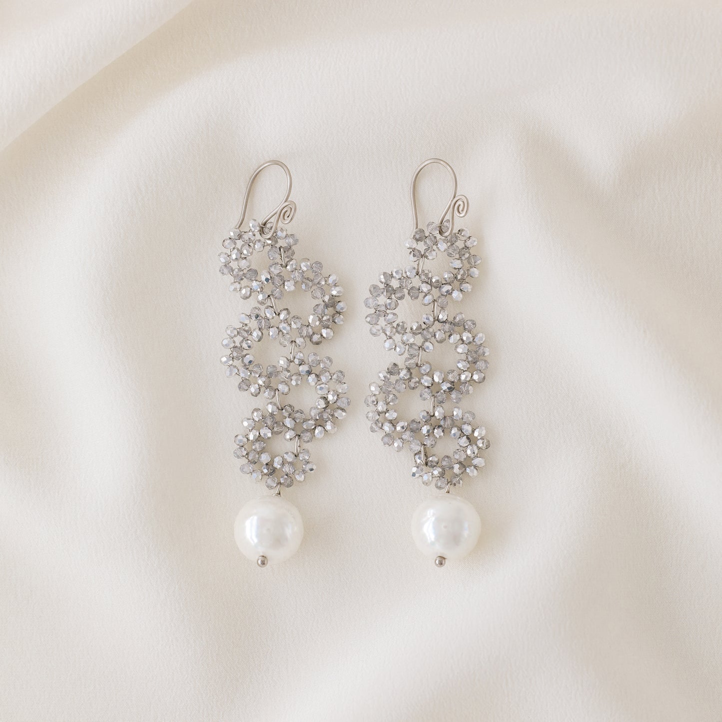 Long Dangle Sparkly Beaded Earrings with Pearl - Gold/Silver/Dove Gray
