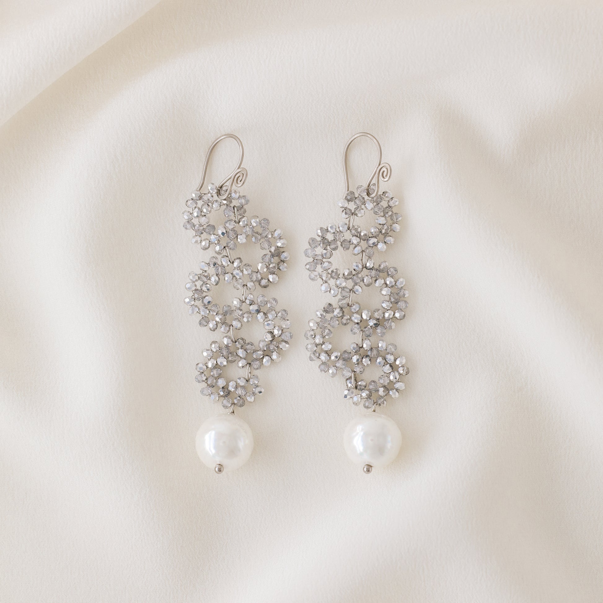 Long Dangle Sparkly Beaded Earrings with Pearl - Gold/Silver/Dove Gray