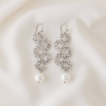 Long Dangle Sparkly Beaded Earrings with Pearl - Gold/Silver/Dove Gray