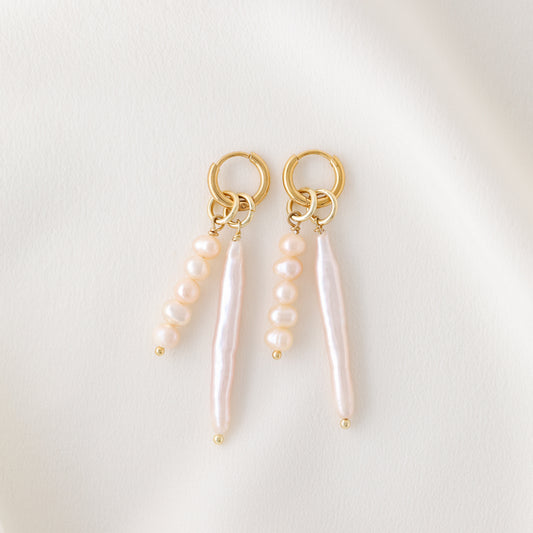 Long Stick & Pearl Cluster Drop Hoop Earrings - 18k Gold Waterproof Stainless Steel