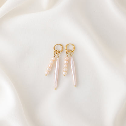 Long Stick & Pearl Cluster Drop Hoop Earrings - 18k Gold Waterproof Stainless Steel