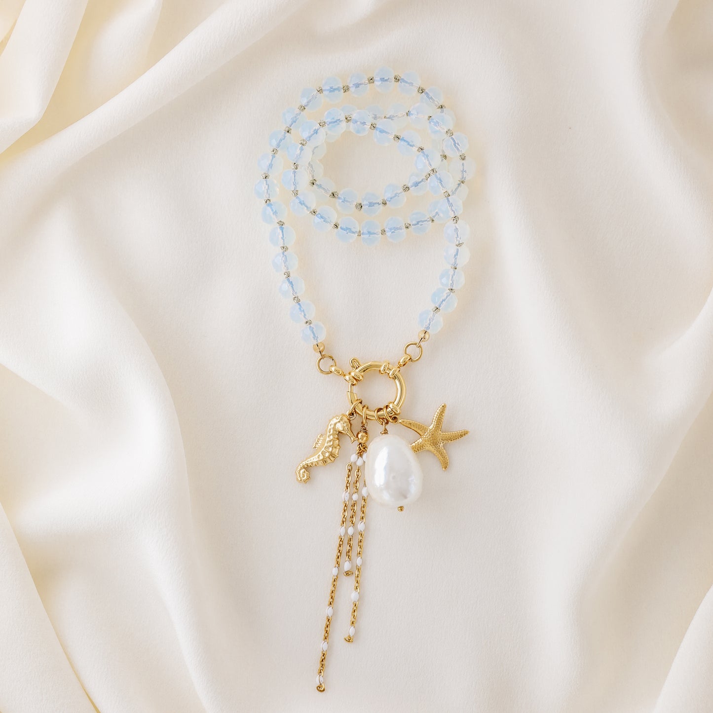 Beaded Multi Charm Baroque Pearl, Gold Seahorse, Starfish Charms necklace, Boho Summer Jewelry
