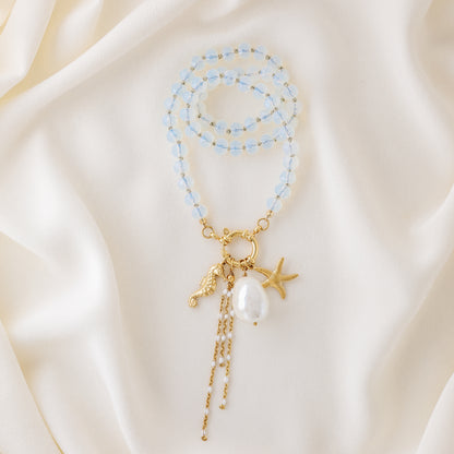 Beaded Multi Charm Baroque Pearl, Gold Seahorse, Starfish Charms necklace, Boho Summer Jewelry
