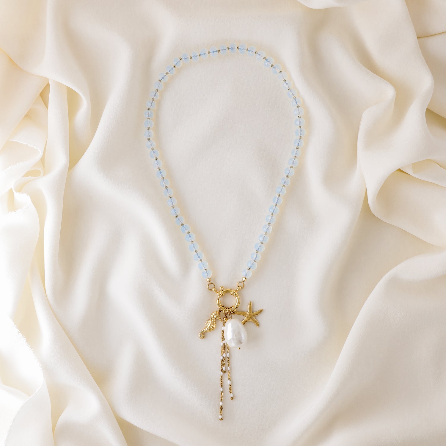 Beaded Multi Charm Baroque Pearl, Gold Seahorse, Starfish Charms necklace, Boho Summer Jewelry
