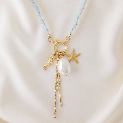 Beaded Multi Charm Baroque Pearl, Gold Seahorse, Starfish Charms necklace, Boho Summer Jewelry
