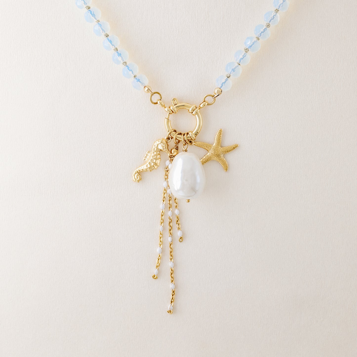 Beaded Multi Charm Baroque Pearl, Gold Seahorse, Starfish Charms necklace, Boho Summer Jewelry
