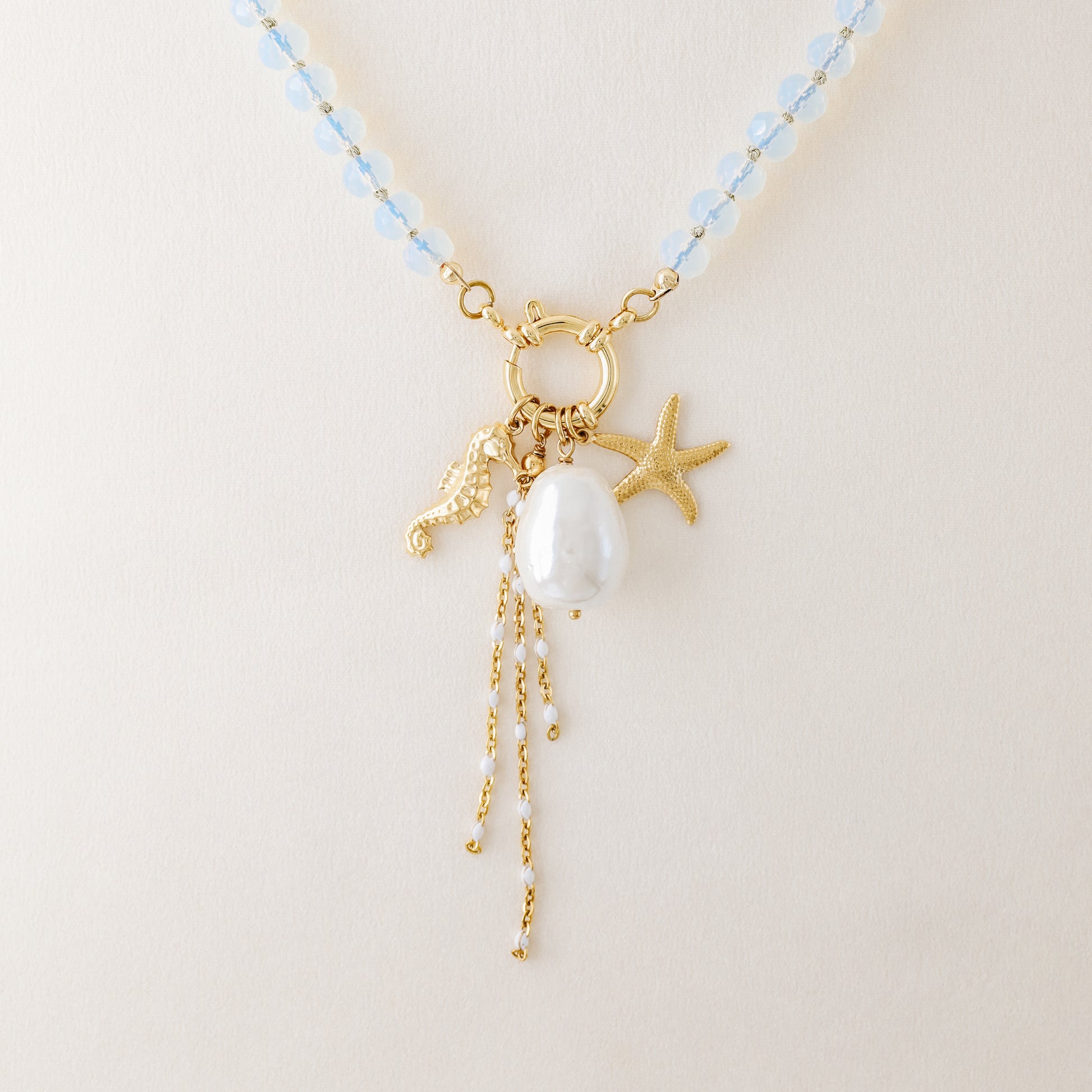 Beaded Multi Charm Baroque Pearl, Gold Seahorse, Starfish Charms necklace, Boho Summer Jewelry
