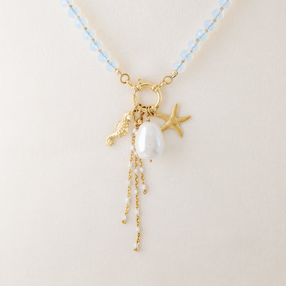 Beaded Multi Charm Baroque Pearl, Gold Seahorse, Starfish Charms necklace, Boho Summer Jewelry
