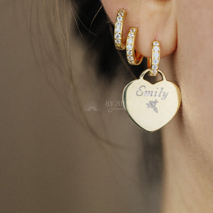 Engraved Hoop Earrings • Custom Name Heart Tag • Charm Earrings • Personalized Heart • Personalized Earrings • BYSDMJEWELS