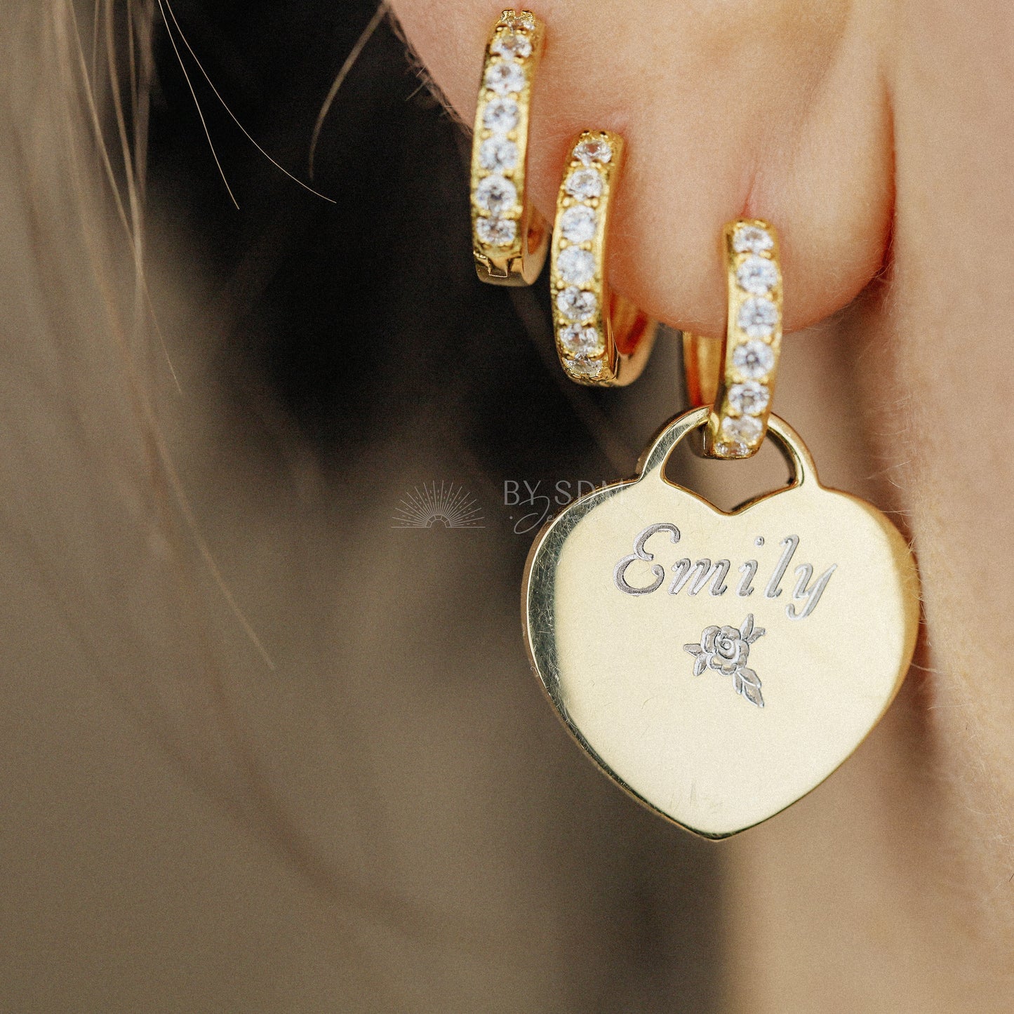 Engraved Hoop Earrings • Custom Name Heart Tag • Charm Earrings • Personalized Heart • Personalized Earrings • BYSDMJEWELS