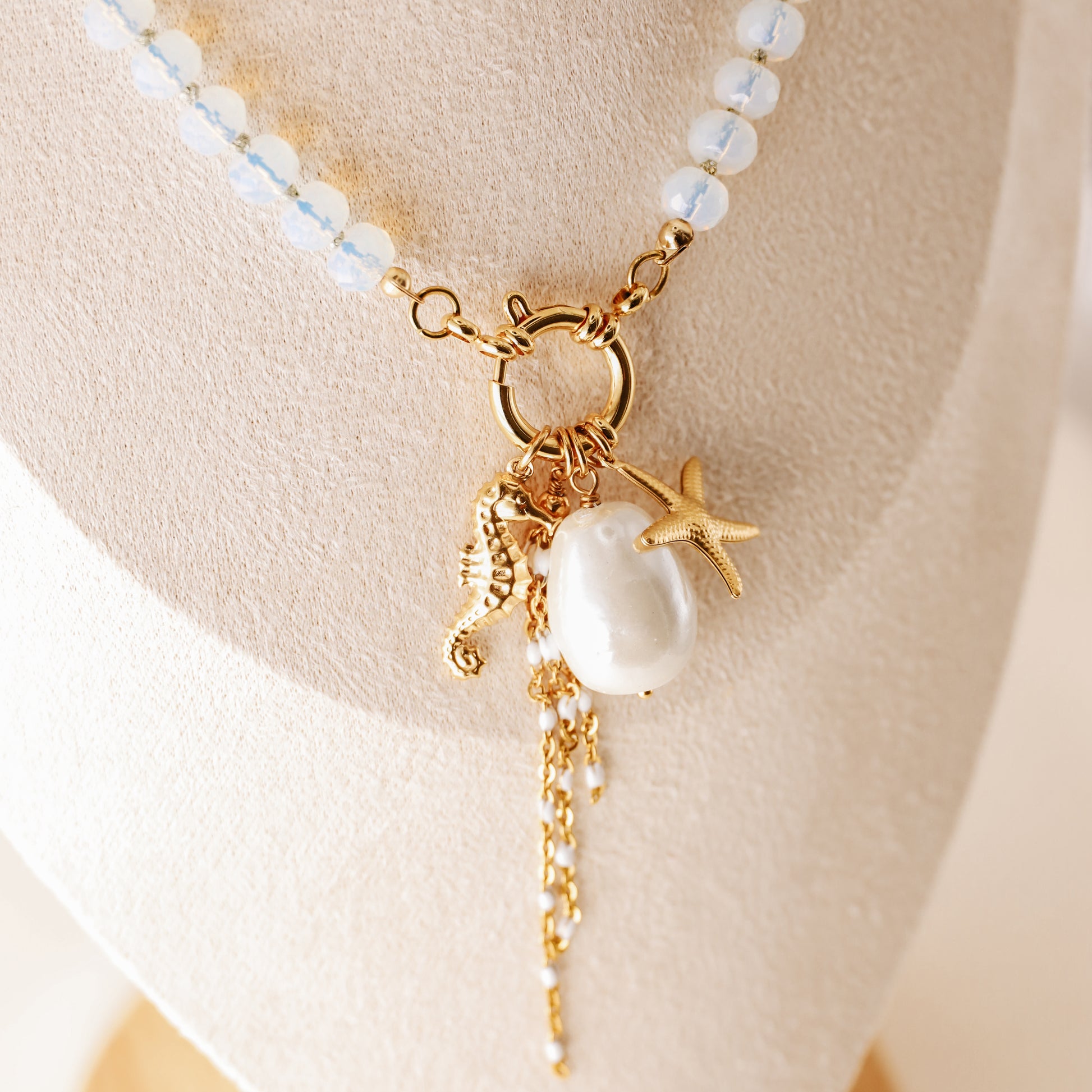 Beaded Multi Charm Baroque Pearl, Gold Seahorse, Starfish Charms necklace, Boho Summer Jewelry
