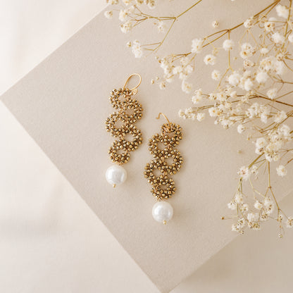 Long Dangle Sparkly Beaded Earrings with Pearl - Gold/Silver/Dove Gray