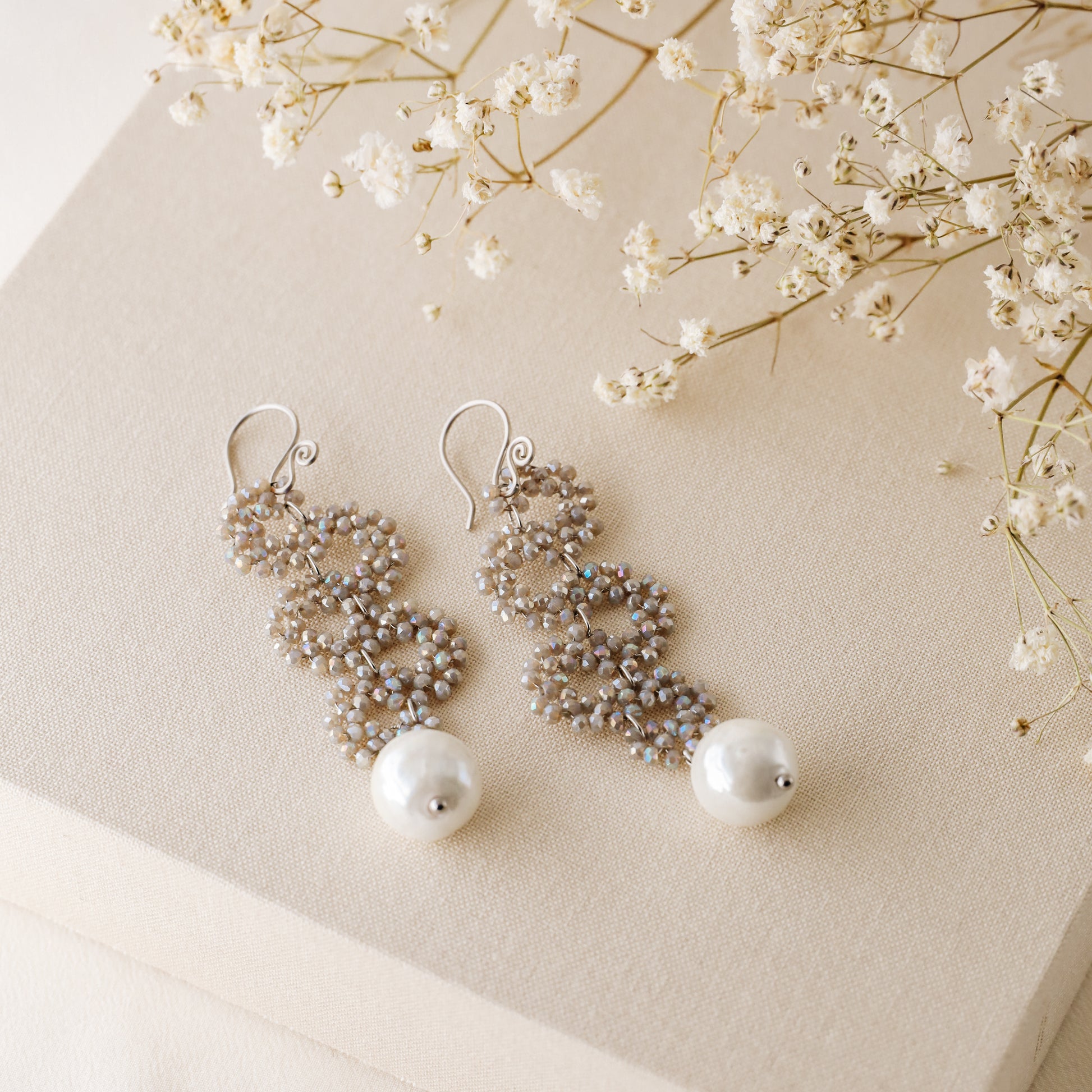 Long Dangle Sparkly Beaded Earrings with Pearl - Gold/Silver/Dove Gray

