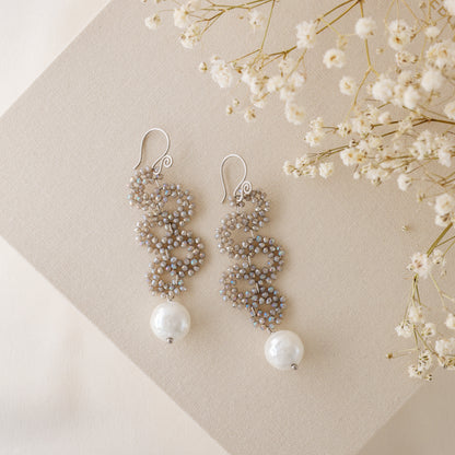 Long Dangle Sparkly Beaded Earrings with Pearl - Gold/Silver/Dove Gray
