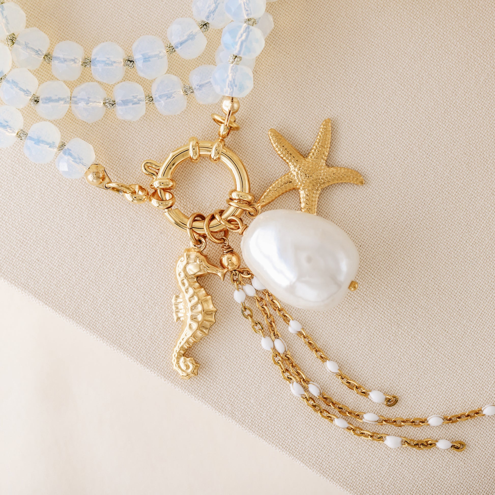 Beaded Multi Charm Baroque Pearl, Gold Seahorse, Starfish Charms necklace, Boho Summer Jewelry

