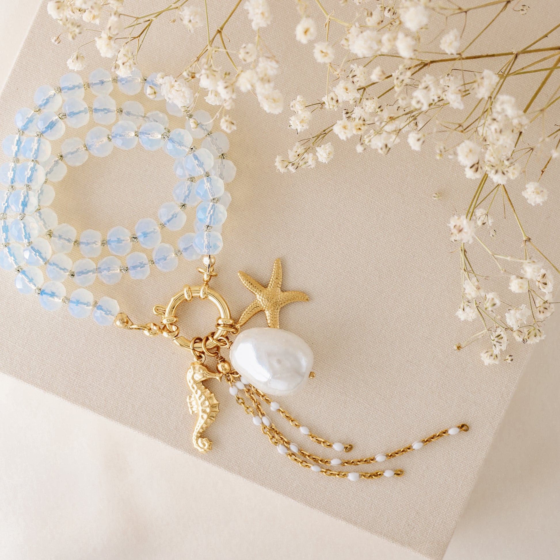 Beaded Multi Charm Baroque Pearl, Gold Seahorse, Starfish Charms necklace, Boho Summer Jewelry
