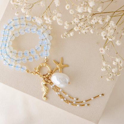 Beaded Multi Charm Baroque Pearl, Gold Seahorse, Starfish Charms necklace, Boho Summer Jewelry
