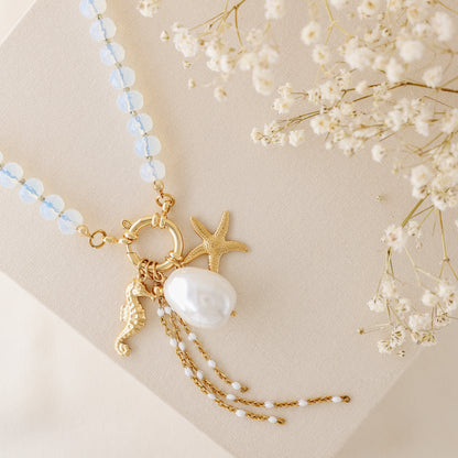 Beaded Multi Charm Baroque Pearl, Gold Seahorse, Starfish Charms necklace, Boho Summer Jewelry
