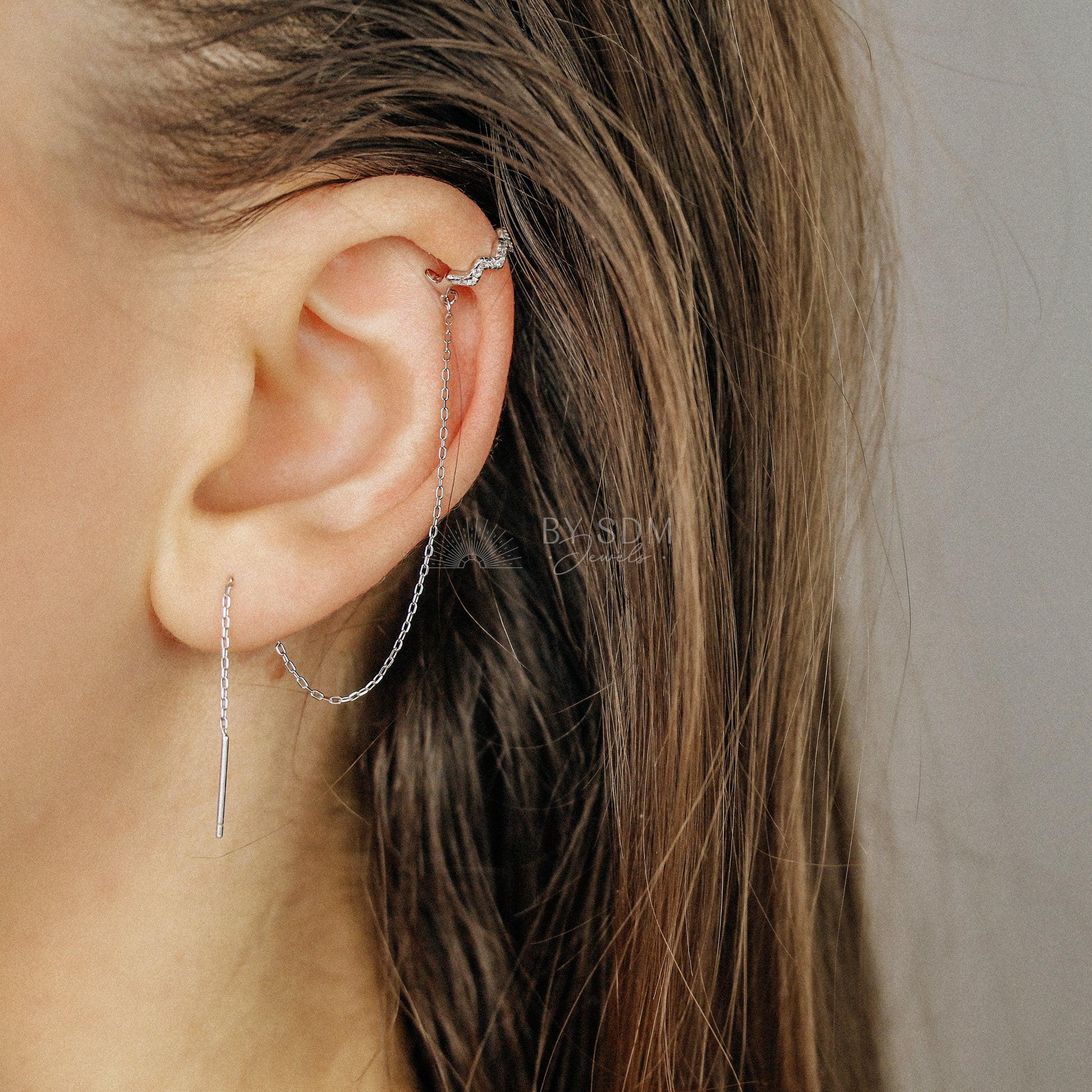CZ chain Ear Cuff • Only One Ear Lobe Piercing is Needed • Gold, Silver • BYSDMJEWELS