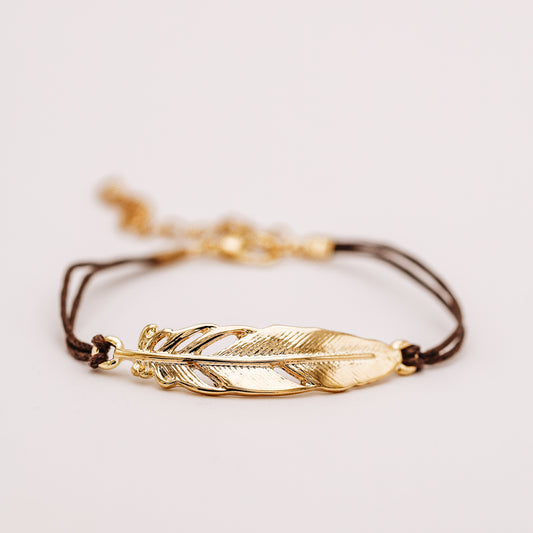 Golden Feather Bracelet with Brown Cord, Handmade Boho Jewelry, BYSDMJEWELS