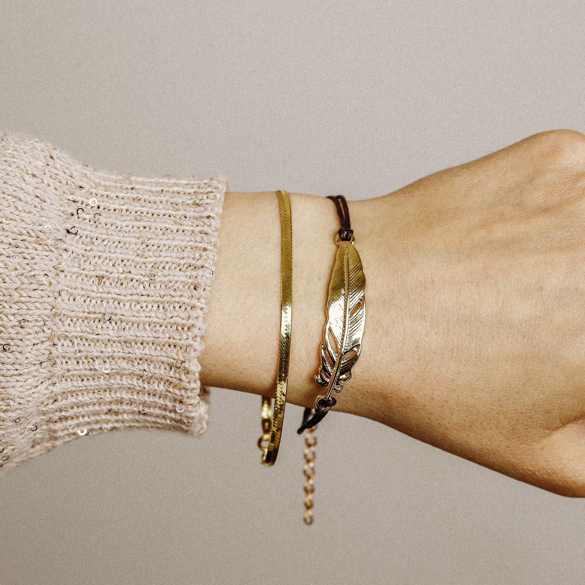 Golden Feather Bracelet with Brown Cord, Handmade Boho Jewelry, BYSDMJEWELS