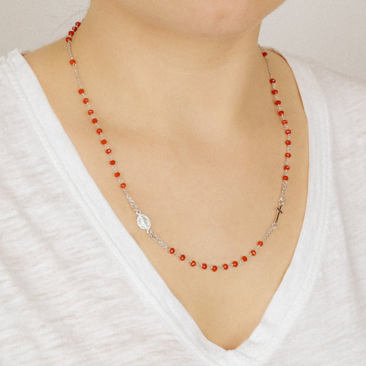 Dainty Red Rosary Necklace: 18K Gold Plated Cross, Sterling Silver
