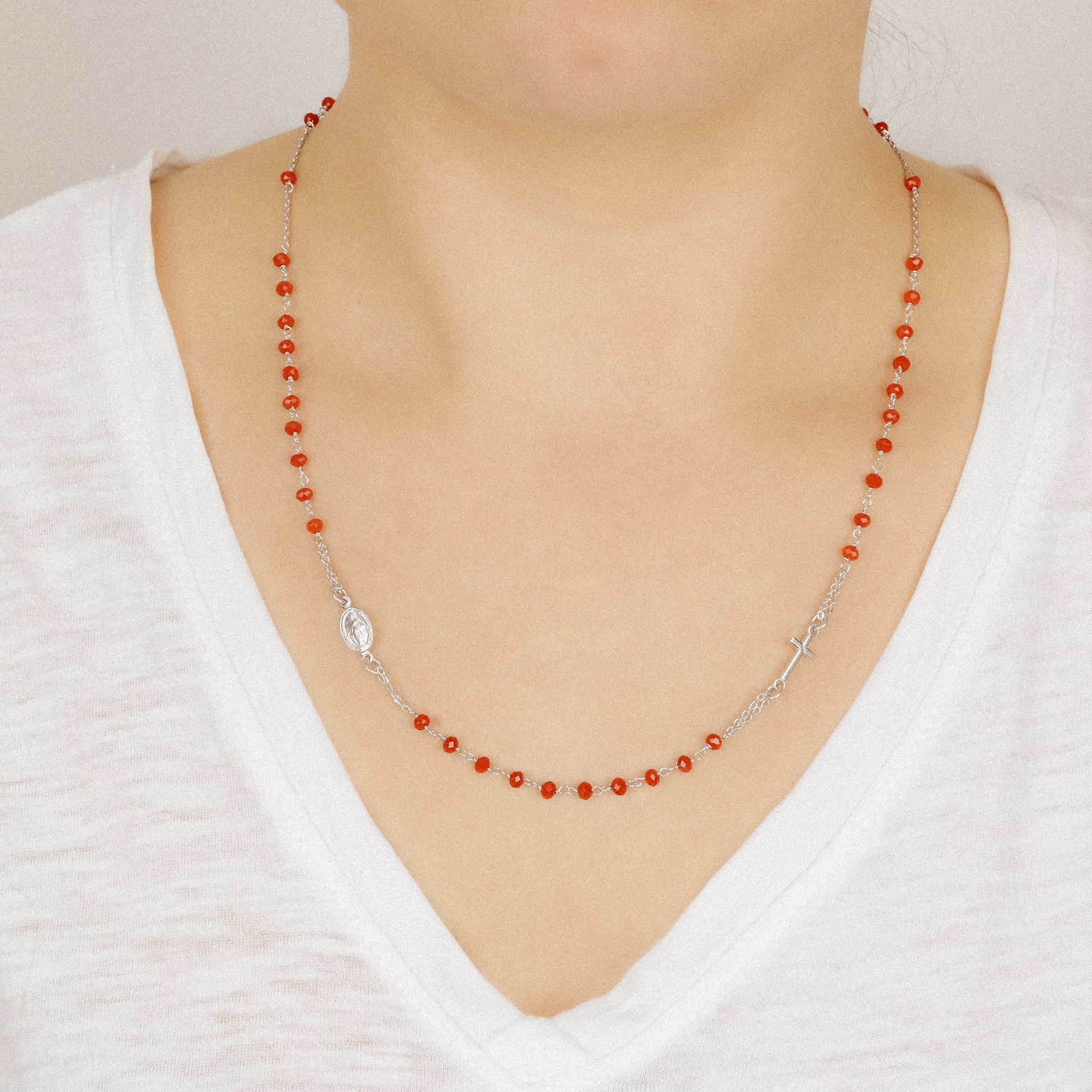 Dainty Red Rosary Necklace: 18K Gold Plated Cross, Sterling Silver