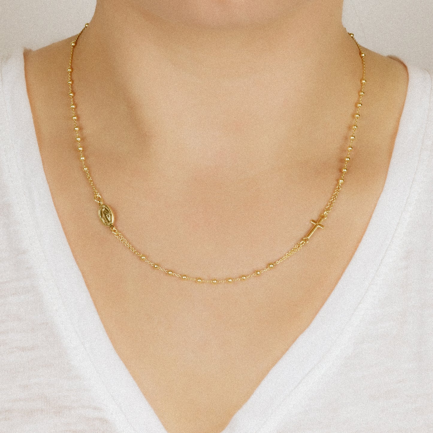 Gold Rosary Chain Necklace with Cross & Madonna Pendant - Religious Gift for Women