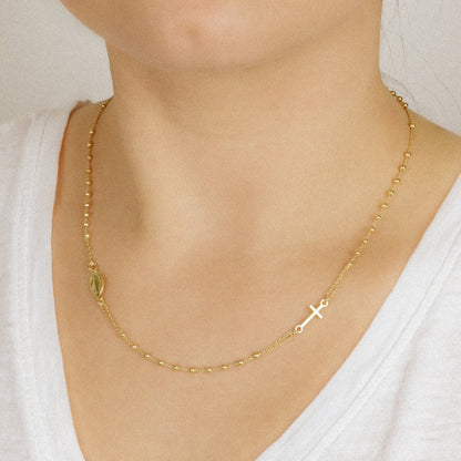 Gold Rosary Chain Necklace with Cross & Madonna Pendant - Religious Gift for Women