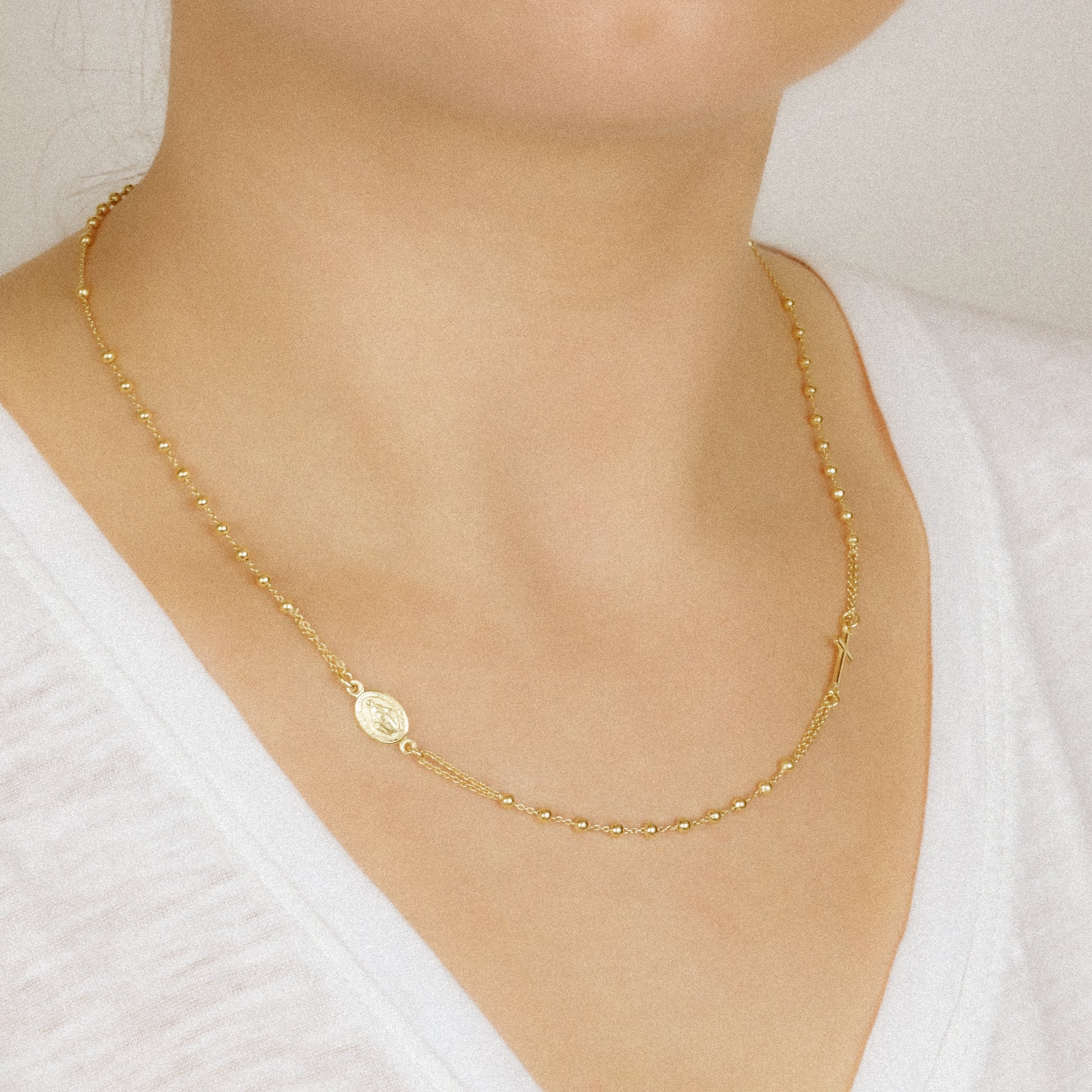 Gold Rosary Chain Necklace with Cross & Madonna Pendant - Religious Gift for Women