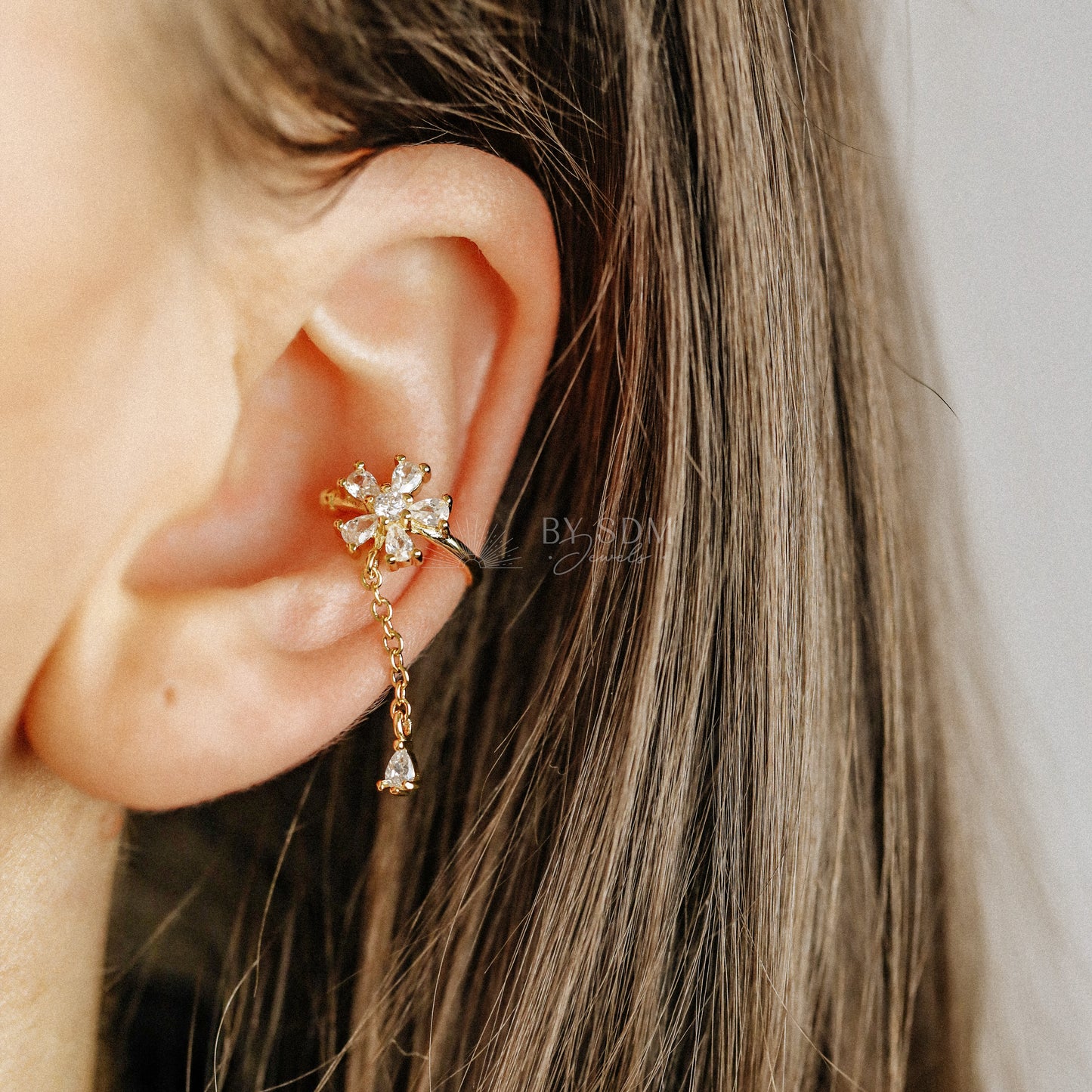 Conch Cubic Zirconia Flower Ear Cuff Earring • Silver, Gold • BYSDMJEWELS
