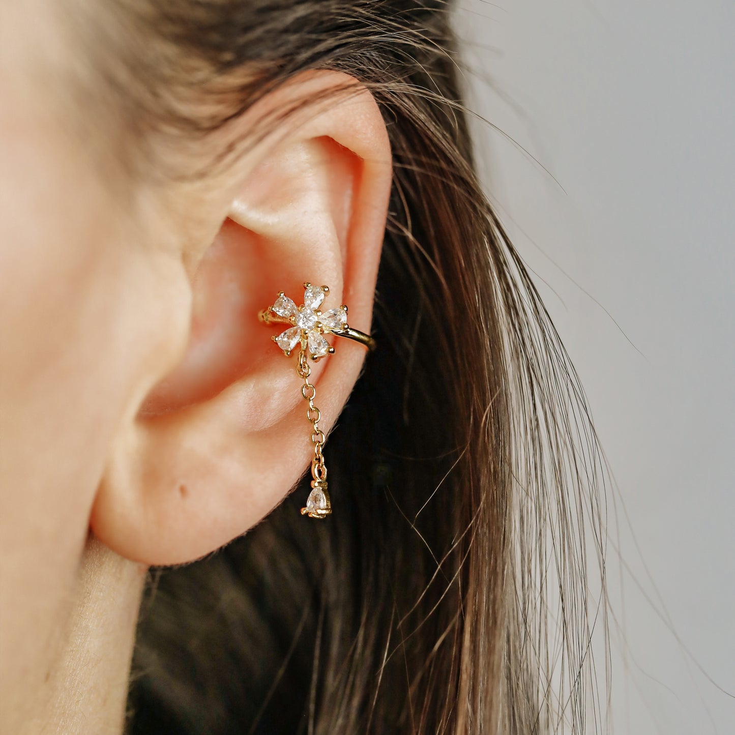 Dainty CZ Flower-Shaped Conch Ear Cuff Earring • BYSDMJEWELS