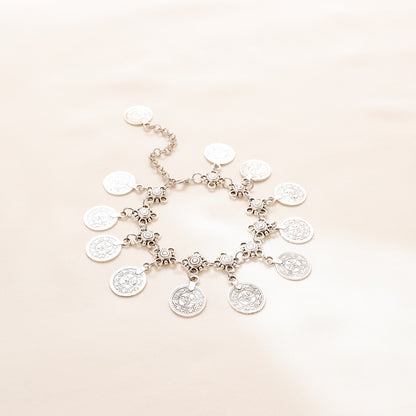 Silver-tone boho anklet with decorative chain and round coin charms